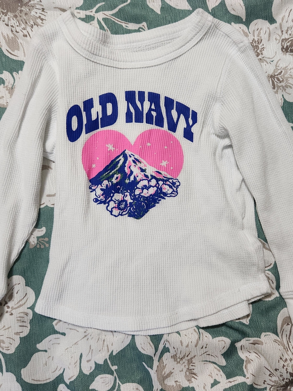 Old Navy White Long-Sleeve Tee with Pink Heart and Blue Logo
